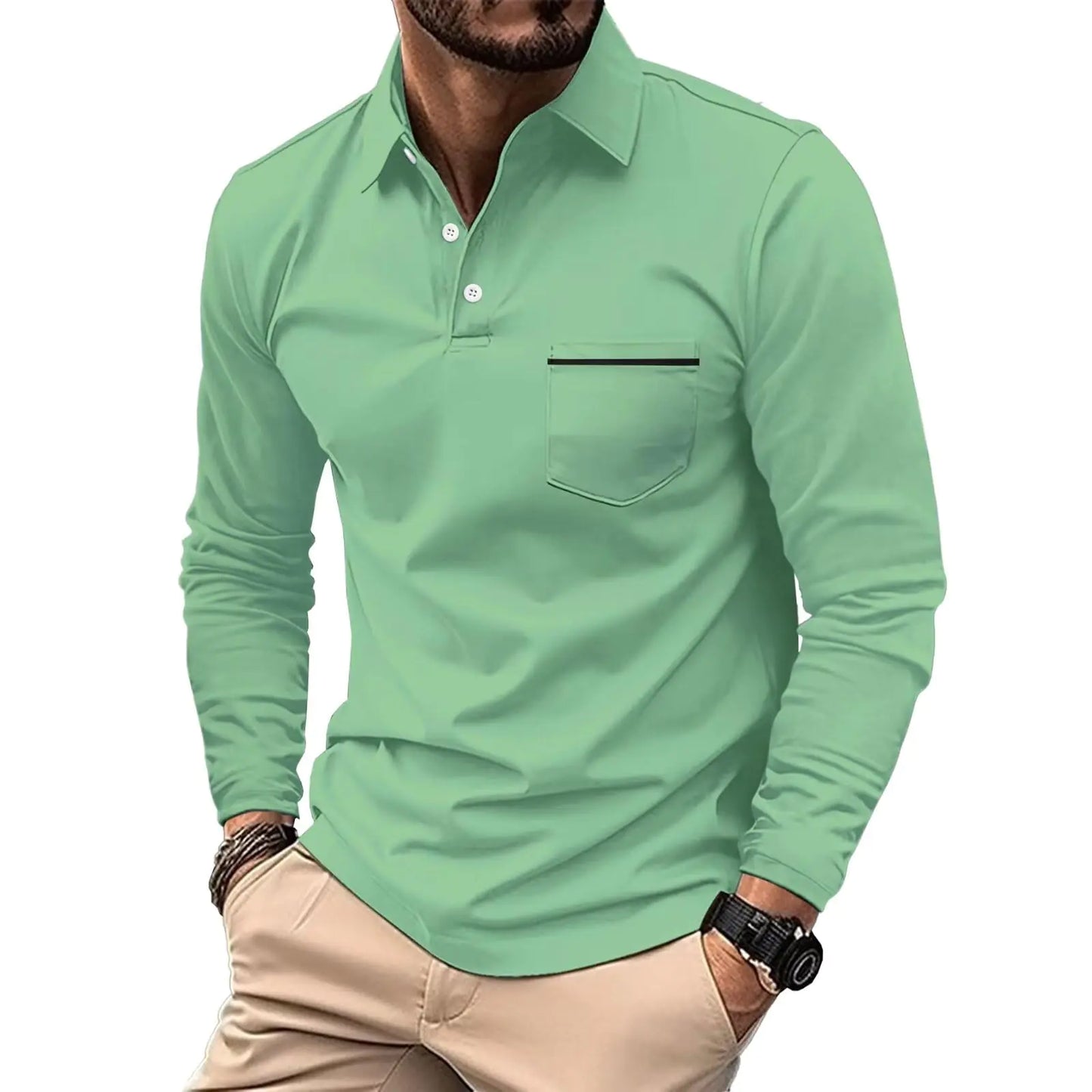 ROOMLINE XL Green 3-Button Mens Polo Shirts Long Sleeve 2024 Casual Polo T-Shirts Color Block Slim Fit Golf Polo Shirt with Pocket