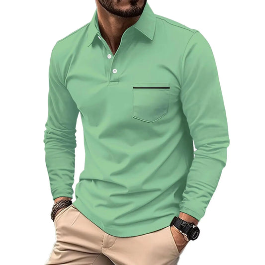ROOMLINE XL Green 3-Button Mens Polo Shirts Long Sleeve 2024 Casual Polo T-Shirts Color Block Slim Fit Golf Polo Shirt with Pocket