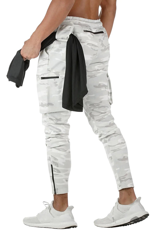 MECH-ENG Mens Active Tack Jogger Pants Fitness Tapered Sweatpants Slim Fit Trousers with Zipper Pockets(Camo White Large)